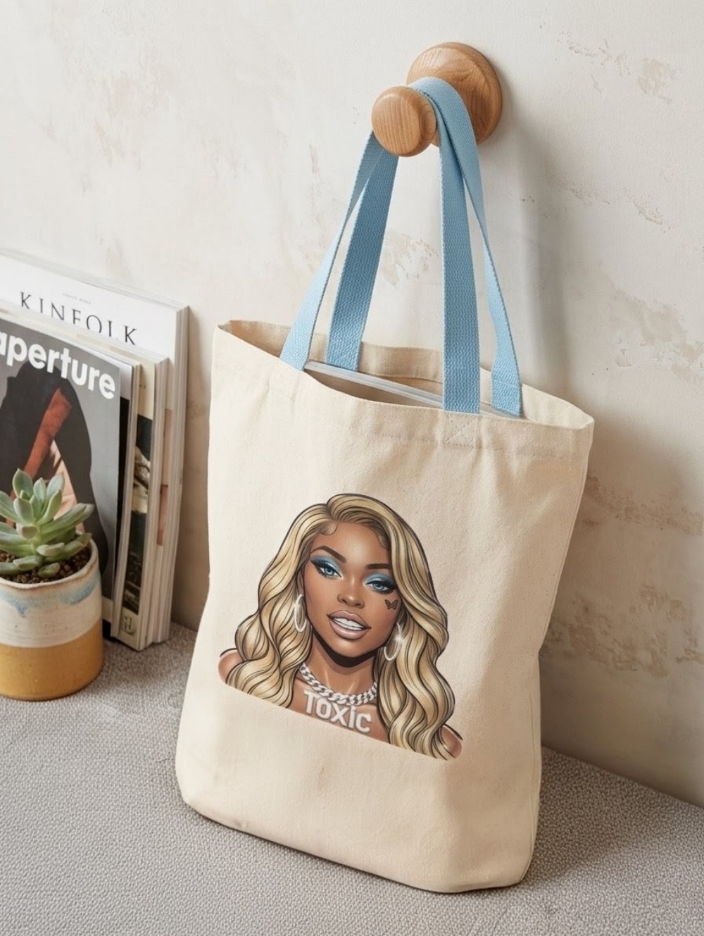 "TOXIC" Graphic Tote - Original Sublimation Art - Cream & Blue